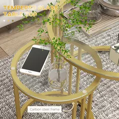 HOMCOM Round Coffee Tables Set of 2, Nesting Tables with Tempered Glass Top and Steel Frame, 60cmx60cmx47cm, Gold Tone - 5