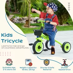 AIYAPLAY Kids Trike, Tricycle, with Adjustable Seat, Basket, Bell, for Ages 2-5 Years - Green - 4