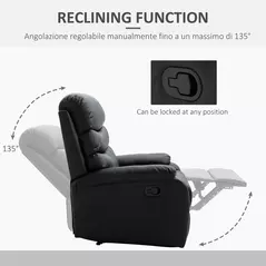 HOMCOM PU Leather Reclining Chair, Manual Recliner Chair with Padded Armrests, Retractable Footrest and Wood Frame, Black - 4