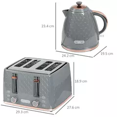 HOMCOM 1.7L 3000W Fast Boil Kettle & 4 Slice Toaster Set, Kettle and Toaster Set with 7 Browning Controls, Crumb Tray, Grey - 3