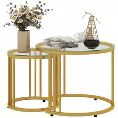 HOMCOM Round Coffee Tables Set of 2, Nesting Tables with Tempered Glass Top and Steel Frame, 60cmx60cmx47cm, Gold Tone - 1
