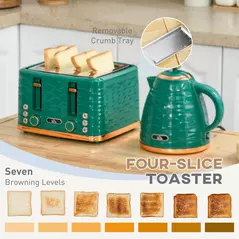 HOMCOM 3000W 1.7L Rapid Boil Kettle & 4 Slice Toaster, Kettle and Toaster Set with 7 Browning Controls and Crumb Tray, Green - 5
