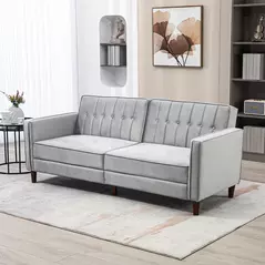HOMCOM Modern Convertible Sofa Futon Velvet-Touch Tufted Couch Compact Loveseat with Adjustable Split Back, Light Grey - 2