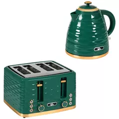 HOMCOM 3000W 1.7L Rapid Boil Kettle & 4 Slice Toaster, Kettle and Toaster Set with 7 Browning Controls and Crumb Tray, Green - 1