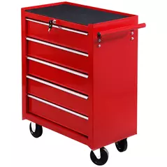 HOMCOM 5 Drawer Tool Box on Wheels, Lockable Steel Tool Cabinet with Side Handle, Red - 1