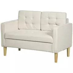 HOMCOM Modern Loveseat Sofa, Compact 2 Seater Sofa with Hidden Storage, 117cm Tufted Cotton Couch with Wood Legs, Cream White - 1