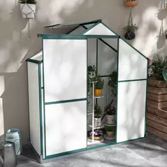 Outsunny 6 x 2.5ft Polycarbonate Greenhouse Walk-In Green House with Rain Gutter, Sliding Door, Window, Foundation, Green - 2