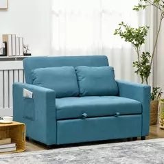 HOMCOM Loveseat Sofa Bed, Convertible Bed Settee with 2 Cushions, Side Pockets for Living Room, Blue - 2