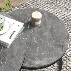 HOMCOM Industrial Nesting Coffee Table Set of 2, Round Coffee Tables, Living Room Table with Faux Marbled Top and Steel Frame - 7
