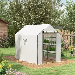 Outsunny Walk-in Greenhouse with 3 Tier 12 Shelves, Small Greenhouse with Reinforced PE Cover, Garden Plant Growhouse with Roll-up Door and Three Mesh Windows, 140 x 213 x 190 cm, White - 2