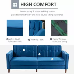 HOMCOM Velvet-Feel Three-Seater Sofa Bed - Blue - 6
