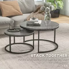 HOMCOM Industrial Nesting Coffee Table Set of 2, Round Coffee Tables, Living Room Table with Faux Marbled Top and Steel Frame - 4
