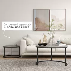 HOMCOM Industrial Nesting Coffee Table Set of 2, Round Coffee Tables, Living Room Table with Faux Marbled Top and Steel Frame - 5