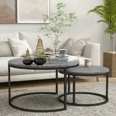 HOMCOM Industrial Nesting Coffee Table Set of 2, Round Coffee Tables, Living Room Table with Faux Marbled Top and Steel Frame - 2