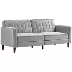 HOMCOM Modern Convertible Sofa Futon Velvet-Touch Tufted Couch Compact Loveseat with Adjustable Split Back, Light Grey - 1