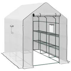 Outsunny Walk-in Greenhouse with 3 Tier 12 Shelves, Small Greenhouse with Reinforced PE Cover, Garden Plant Growhouse with Roll-up Door and Three Mesh Windows, 140 x 213 x 190 cm, White - 1