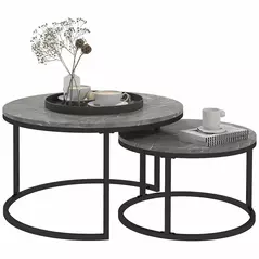 HOMCOM Industrial Nesting Coffee Table Set of 2, Round Coffee Tables, Living Room Table with Faux Marbled Top and Steel Frame - 1