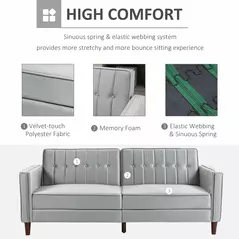 HOMCOM Modern Convertible Sofa Futon Velvet-Touch Tufted Couch Compact Loveseat with Adjustable Split Back, Light Grey - 6
