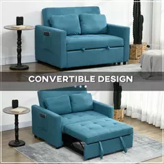 HOMCOM Loveseat Sofa Bed, Convertible Bed Settee with 2 Cushions, Side Pockets for Living Room, Blue - 4