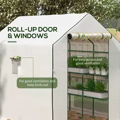 Outsunny Walk-in Greenhouse with 3 Tier 12 Shelves, Small Greenhouse with Reinforced PE Cover, Garden Plant Growhouse with Roll-up Door and Three Mesh Windows, 140 x 213 x 190 cm, White - 6