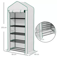 Outsunny 5 Tier Widened Mini Greenhouse with Reinforced PE Cover, Portable Indoor Outdoor Green House with Roll-up Door and Wire Shelves, 90 x 49 x 193cm, White - 3
