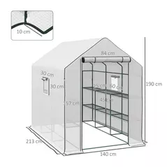 Outsunny Walk-in Greenhouse with 3 Tier 12 Shelves, Small Greenhouse with Reinforced PE Cover, Garden Plant Growhouse with Roll-up Door and Three Mesh Windows, 140 x 213 x 190 cm, White - 3