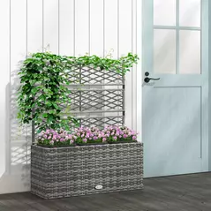 Outsunny 33L Garden PE Rattan Planter with Trellis, Free Standing Flower Raised Bed for Garden, Garden Planter for Climbing Plants, 84cm x 30cm x 107cm, Light Grey - 2