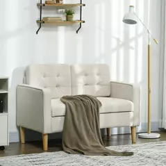HOMCOM Modern Loveseat Sofa, Compact 2 Seater Sofa with Hidden Storage, 117cm Tufted Cotton Couch with Wood Legs, Cream White - 2