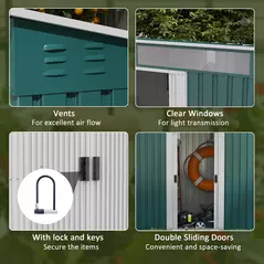 Outsunny 6.5 x 4FT Galvanised Metal Shed with Foundation Kit, Lockable Tool Garden Shed with Double Sliding Doors, Vents, Green - 6