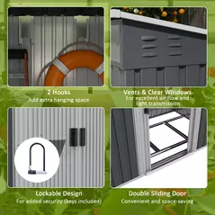 Outsunny 6.5 x 4FT Galvanised Metal Shed with Foundation Kit, Lockable Tool Garden Shed with Double Sliding Doors, Vents, Grey - 5