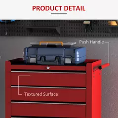 HOMCOM 5 Drawer Tool Box on Wheels, Lockable Steel Tool Cabinet with Side Handle, Red - 6