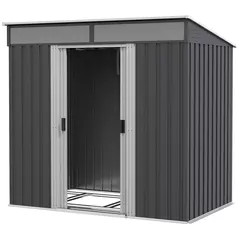 Outsunny 6.5 x 4FT Galvanised Metal Shed with Foundation Kit, Lockable Tool Garden Shed with Double Sliding Doors, Vents, Grey - 1
