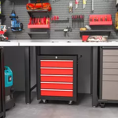HOMCOM 5-Drawer Tool Chest with Wheels, Steel Lockable Tool Storage Cabinet with Handle, 2 Keys for Garage, Workshop, Red - 2