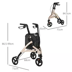 HOMCOM 3 Wheel Rollator, Lightweight Aluminium Tri Walker with Adjustable Handle, Storage Bag and Dual Brakes, Folding Mobility Walking Aid for Elderly, Handicapped, 5.3kg, Gold Tone - 3