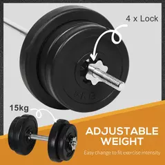 HOMCOM Dumbbell and Barbell Set with 65kg Adjustable Barbell Weights Set, for Home Gym - Black - 5
