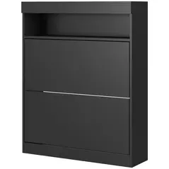 HOMCOM 16 Shoe Pair Storage Cabinet, with Flip Doors - High Gloss Black - 1