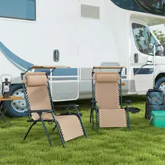 Outsunny 2 Piece Foldable Reclining Garden Chair with Headrest, Zero Gravity Deck Sun Lounger Seat Chair with Footrest, Armrest, Cup Holder & Canopy Shade, Beige - 2