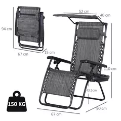 Outsunny 2 Piece Foldable Reclining Garden Chair with Headrest, Zero Gravity Deck Sun Lounger Seat Chair with Footrest, Armrest, Cup Holder & Canopy Shade, Grey - 3