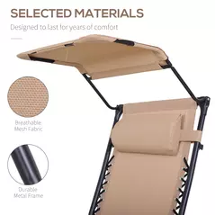 Outsunny 2 Piece Foldable Reclining Garden Chair with Headrest, Zero Gravity Deck Sun Lounger Seat Chair with Footrest, Armrest, Cup Holder & Canopy Shade, Beige - 5