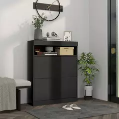 HOMCOM 16 Shoe Pair Storage Cabinet, with Flip Doors - High Gloss Black - 2