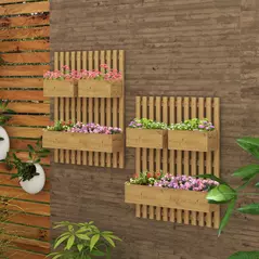 Outsunny Set of 2 Wall-mounted Wooden Garden Planters with Trellis, Drainage Holes and Movable Planter Boxes, Wall Raised Garden Bed for Patio, Carbonised - 2