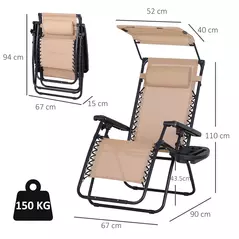 Outsunny 2 Piece Foldable Reclining Garden Chair with Headrest, Zero Gravity Deck Sun Lounger Seat Chair with Footrest, Armrest, Cup Holder & Canopy Shade, Beige - 3