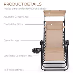 Outsunny 2 Piece Foldable Reclining Garden Chair with Headrest, Zero Gravity Deck Sun Lounger Seat Chair with Footrest, Armrest, Cup Holder & Canopy Shade, Beige - 4