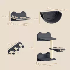 PawHut 4PCs Wall-Mounted Cat Shelves w/ Scratching Post, Hammock, Nest - Dark Grey - 3