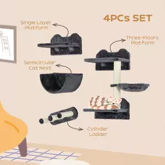 PawHut 4PCs Wall-Mounted Cat Shelves w/ Scratching Post, Hammock, Nest - Dark Grey - 5