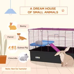 PawHut Chinchillas Small Rabbit Guinea Pig Small Animal Cage, Pet Playhouse, with Platform, Ramp, 99 x 52 x 53cm, Black - 4