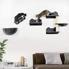 PawHut 4PCs Wall-Mounted Cat Shelves w/ Scratching Post, Hammock, Nest - Dark Grey - 2