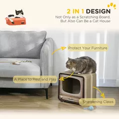 PawHut 2 in 1 TV Shape Cat Scratching Board House with Catnip, for Indoor Cats, Brown - 6