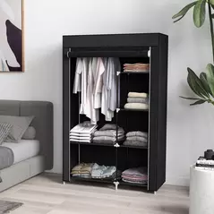 HOMCOM Fabric Wardrobe, Portable Wardrobe with 6 Shelves, 1 Hanging Rail, Foldable Closets, 103 x 43 x 162.5 cm, Black - 2