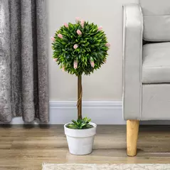 HOMCOM Set of 2 Decorative Artificial Plants Ball Trees with Flower for Home Indoor Outdoor Decor, 60cm ,Pink - 7